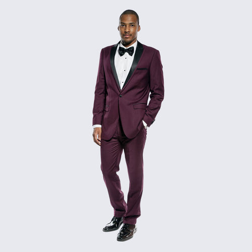 Burgundy Tuxedo Slim Fit One Button Peak Framed Lapel - Wedding - Prom