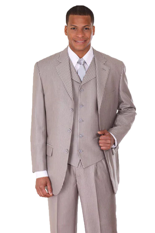 Mens 3 Button Vested Shiny Sharkskin Narrow Pinstripe Suit in Silver Grey by Fortino Landiin