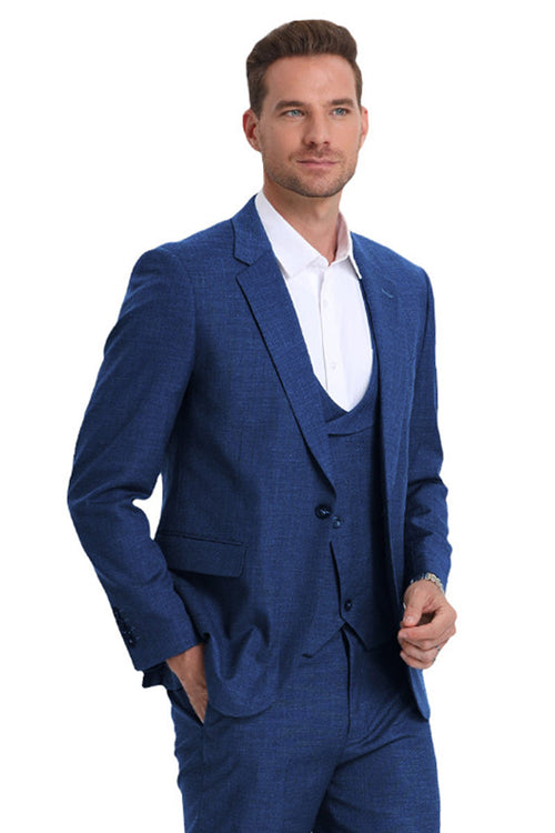 Men's Navy Blue Sharkskin Double Breasted Vest Suit