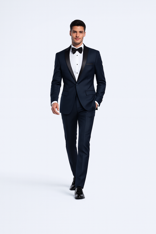 Navy Blue Slim Fit Tuxedo with Peak Framed Lapel – Wedding & Prom