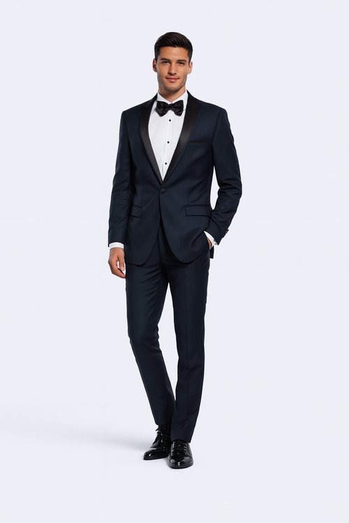 Navy Blue Slim Fit Tuxedo with Peak Framed Lapel – Wedding & Prom