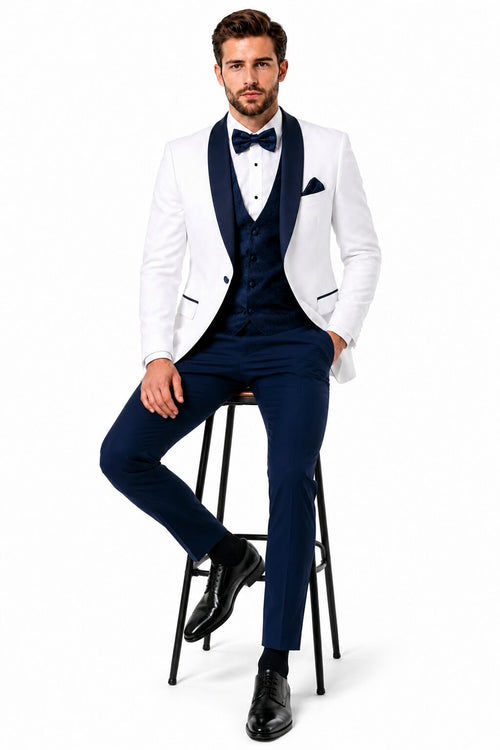 White and Navy Blue Tuxedo Wedding Suit - White Dinner Jacket + Vest + Pants + Bow-tie by USA Men's Outlet