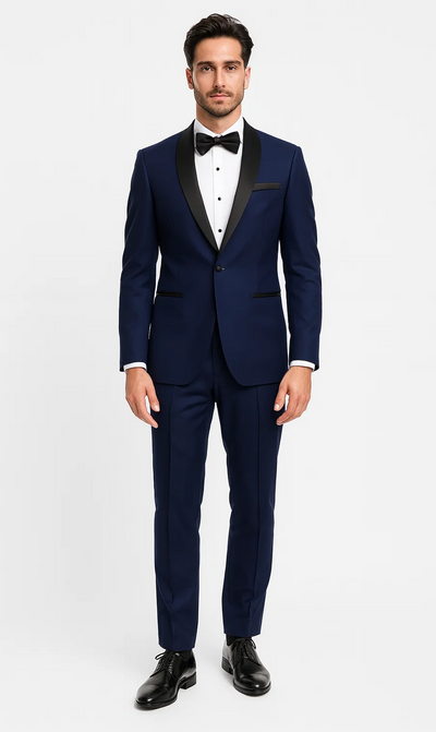 Navy Midnight Blue Tuxedo With Black Shawl Lapel Slim Fit - Wedding - Prom