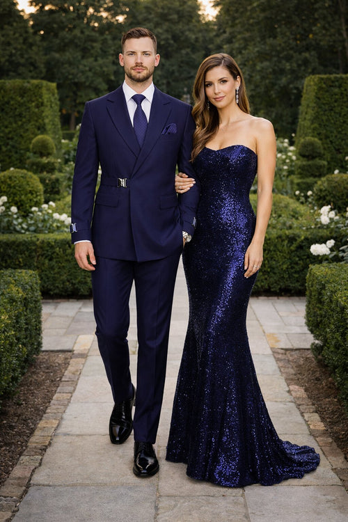 Men’s Navy Blue Double Breasted Wool Suit with Signature Buckle Closure Designer Tailored Fit