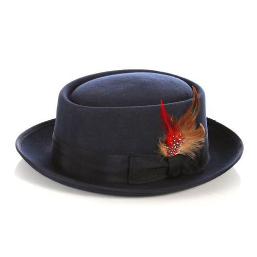 Navy Pork Pie Hat - Wool - Ferrecci USA