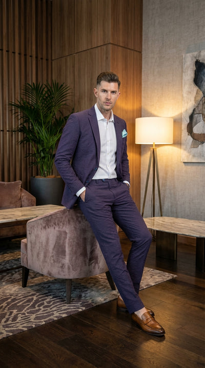 Mens Navy Blue Seersucker Suit – Cotton Fabric Shadow Pattern Ton on Tone Textured Two Button Notch Lapel Formal Summer Suit