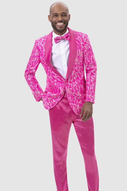 Mens Slim Fit Two Piece Brocade Paisely Prom Tuxedo in Hot Pink Fuschia by EJ Samuel