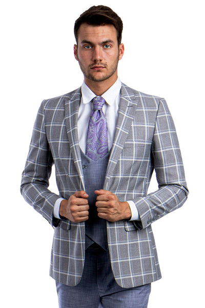 Men's Grey & Blue Windowpane Suit with Double Vest