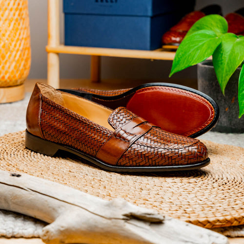 Zelli Nicola Handwoven Italian Calfskin Penny Loafers in Cognac
