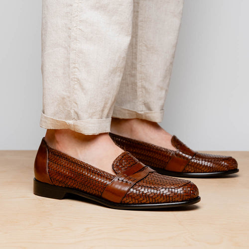 Zelli Nicola Handwoven Italian Calfskin Penny Loafers in Cognac
