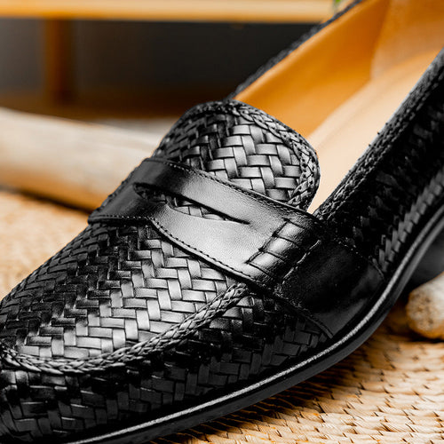 Zelli Nicola Handwoven Italian Calfskin Penny Loafers in Black