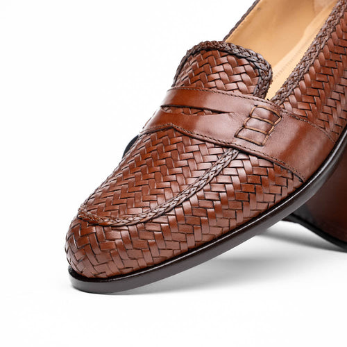 Zelli Nicola Handwoven Italian Calfskin Penny Loafers in Cognac