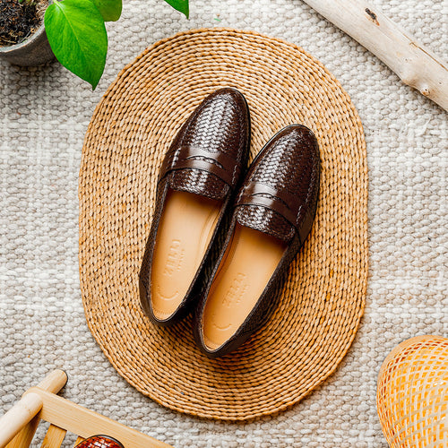 Zelli Nicola Woven Italian Calfskin Penny Loafers in Dark Brown