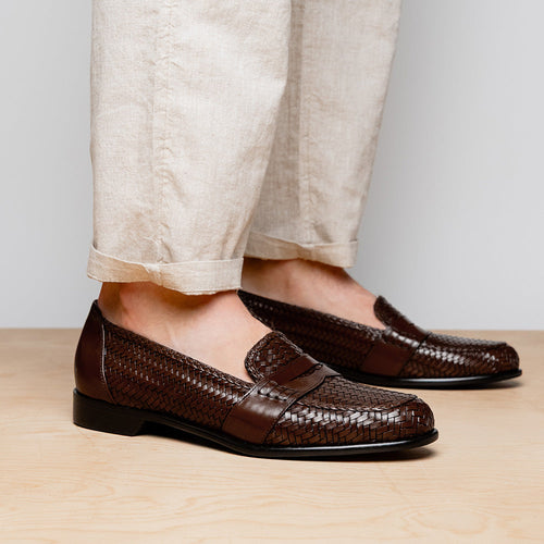 Zelli Nicola Woven Italian Calfskin Penny Loafers in Dark Brown