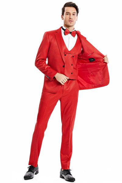 Men's Mini Polka Dot Vested Suit in Red & Black