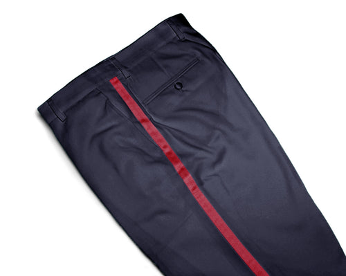 Mens Tuxedo Dress Pants Flat Front Satin Band Mens Tux Pant Trousers - Navy Blue Red Stripe