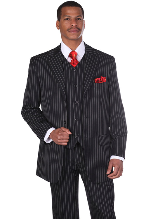 Mens 3 Button Vested Vintage Bold Gangster Pinstripe Suit in Black by Fortino Landiin