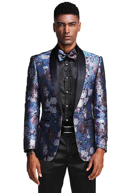 Men's Slim Fit Shawl Lapel Paisley Floral Tuxedo in Blue Roses & Silver