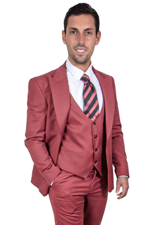 Men's Classy Coral Blush Pink One-Button Vested Peak Lapel Stacy Adams Suit