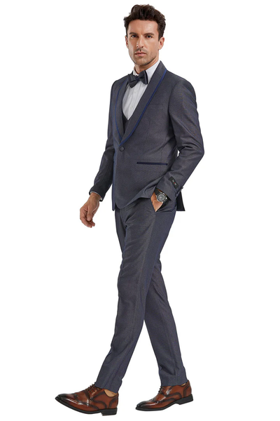 Mens Gray Tuxedo - Grey Wedding Suit-Mens One Button Vested Shawl Lapel Tuxedo In Grey Birdseye With Blue Trim - Men's Tuxedo USA