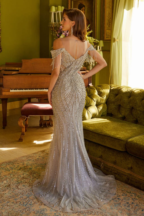 Off Shoulder Fringe Formal Evening Gown Beaded Sheer Prom Dress by GLS Gloria GL3593