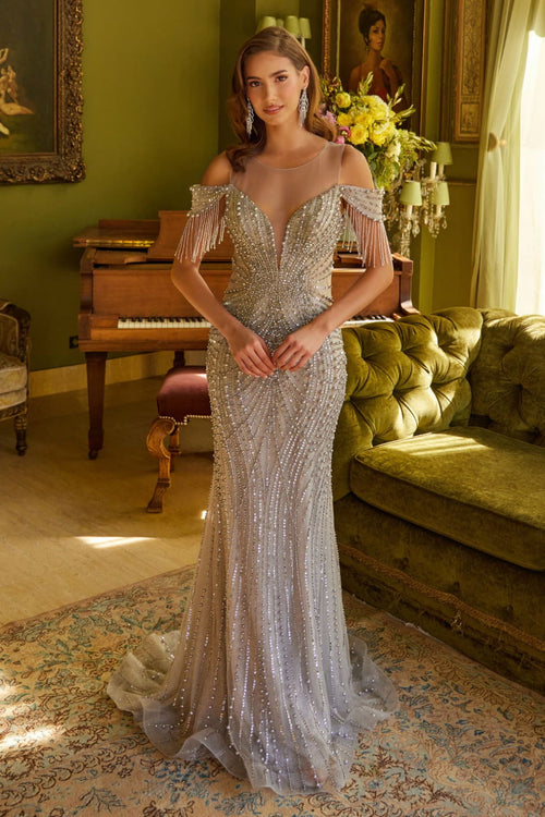 Off Shoulder Fringe Formal Evening Gown Beaded Sheer Prom Dress by GLS Gloria GL3593