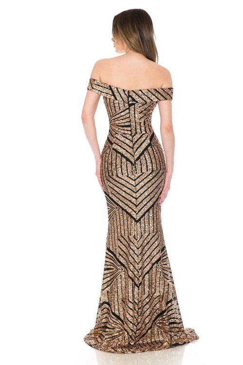 LENOVIA 5224 Off Shoulder Sequined Long Formal Dress