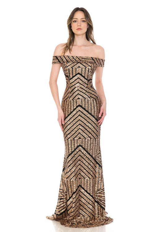 LENOVIA 5224 Off Shoulder Sequined Long Formal Dress