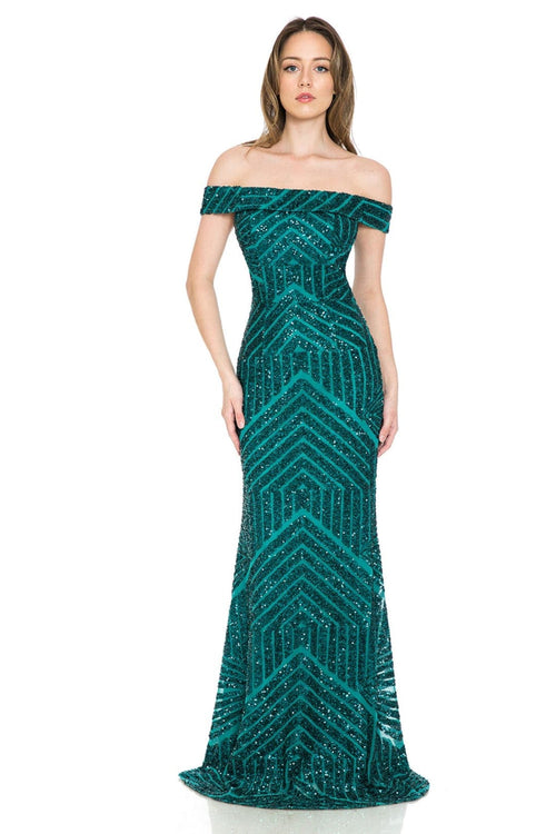 LENOVIA 5224 Off Shoulder Sequined Long Formal Dress