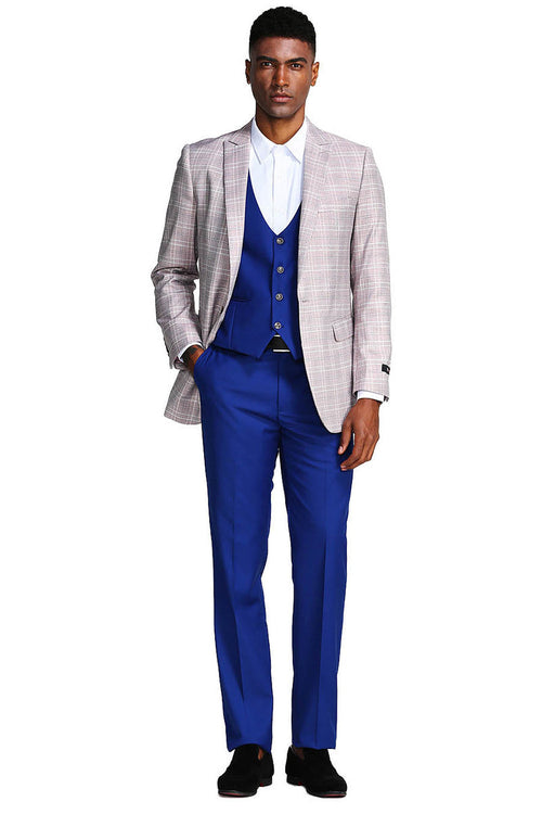 Men's Grey & Blue Glen Plaid Suit with Double Breasted Vest
