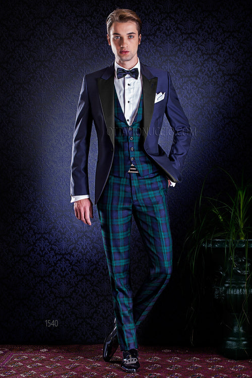Blue and tartan peak lapel groom tuxedo Tartan Tuxedos