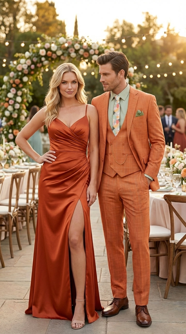 Vinci Mens Orange Three Piece Suit – Orange Windowpane Plaid 3PC Formal Suit for Wedding, Church and Business Holloween Color