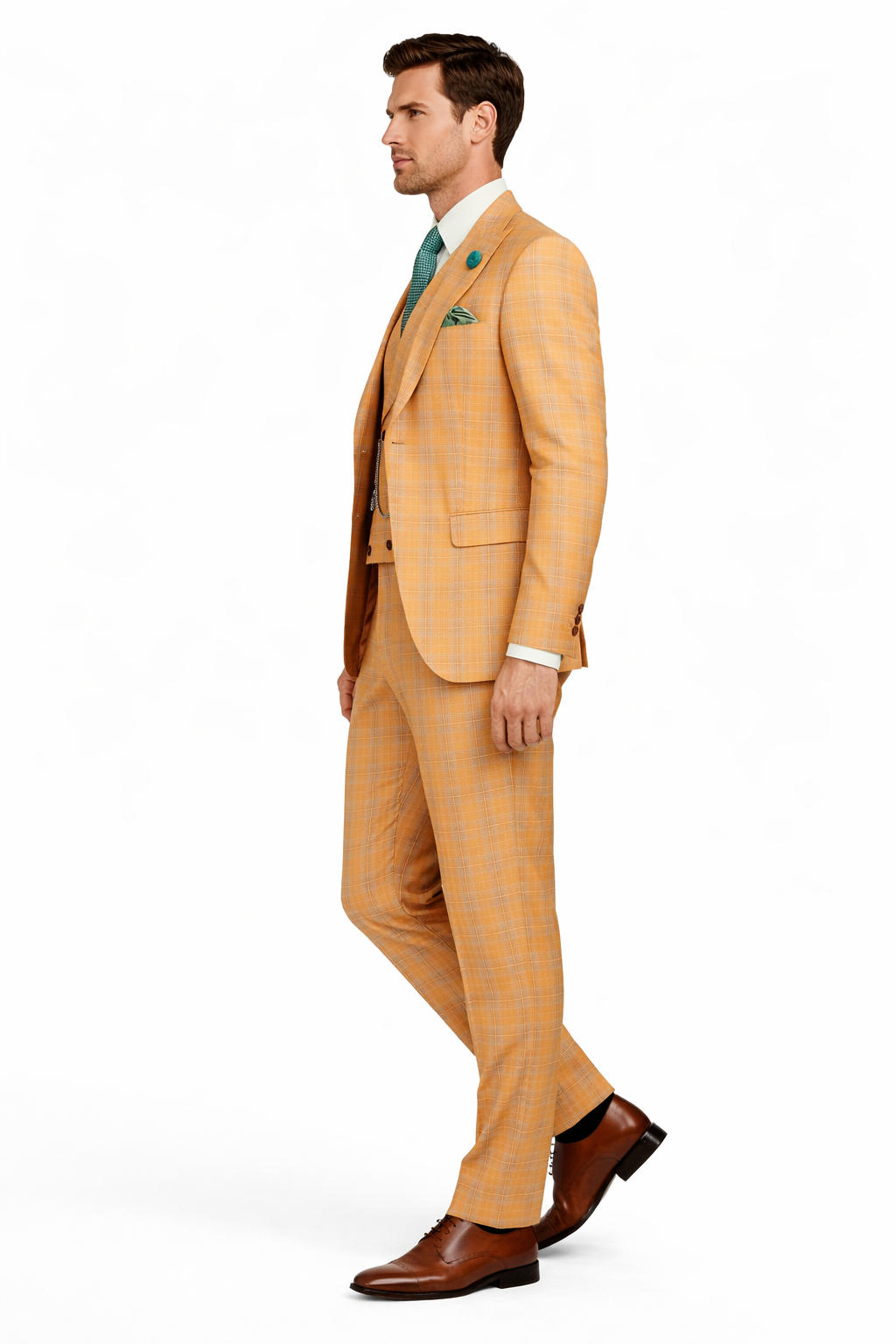 Orange Plaid Suit - Vested Suit - 3 Piece Suits - Peak Lapel Suits - Windowpane Suit - 2 Button