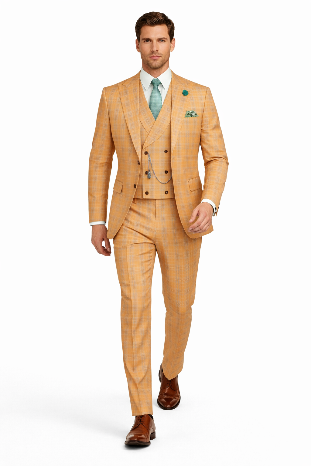 Orange Plaid Suit - Vested Suit - 3 Piece Suits - Peak Lapel Suits - Windowpane Suit - 2 Button – SuitUSA