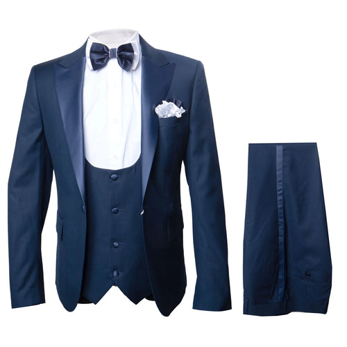 Men’s Navy Blue Tuxedo with Satin Peak Lapel with navy sateen – 3 Piece Formal Suit with Vest and Bow Tie