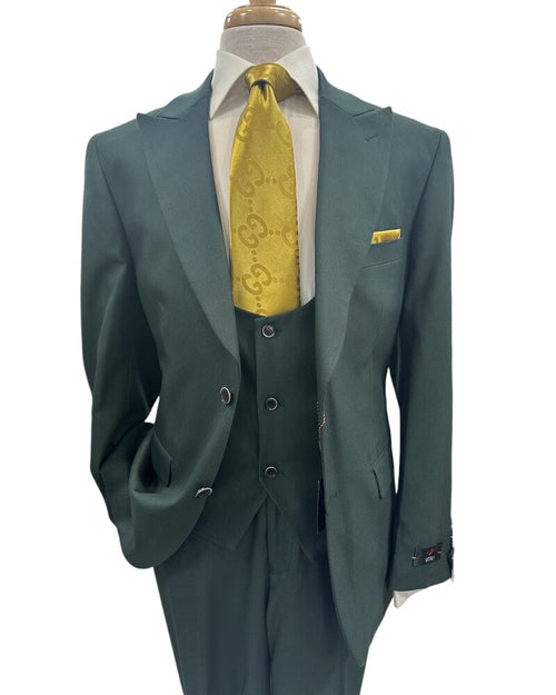 Mens Vitali 3 Piece Suit W/Scoop Vest Hunter Green 3-Piece Suit –, Big Peak Lapel Vest and Pants Modern Fit Two Buttons