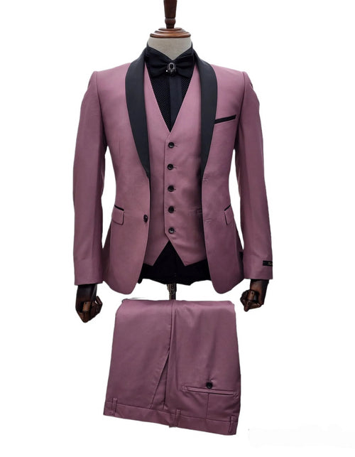 Men's Mauve Pink Tuxedo Suit - 3-Piece Slim Fit with Black Satin Shawl Lapel by USA Men's Outlet