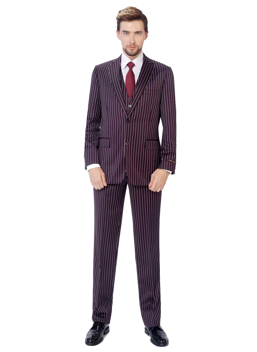 Men’s Plum Eggplant Pinstripe 3 Piece Suit – Burgundy Purple Formal Suit Gangster 1920s Mafia Pimp Suit – SuitUSA