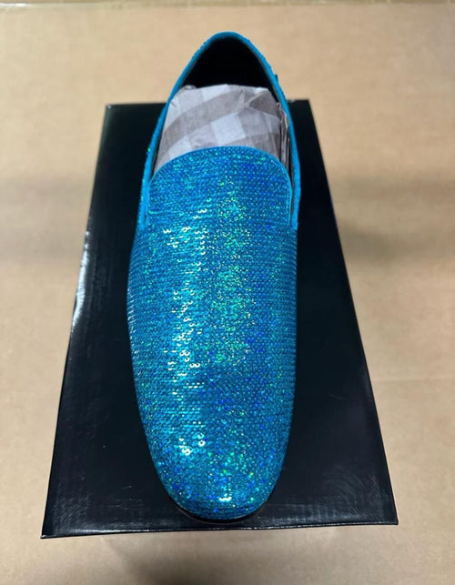 Men's Turquoise Blue Sequin Glitter Loafers - Sparkling Slip-On Party Dress Shoes for Prom, Weddings, and Nightlife by USA Men's Outlet