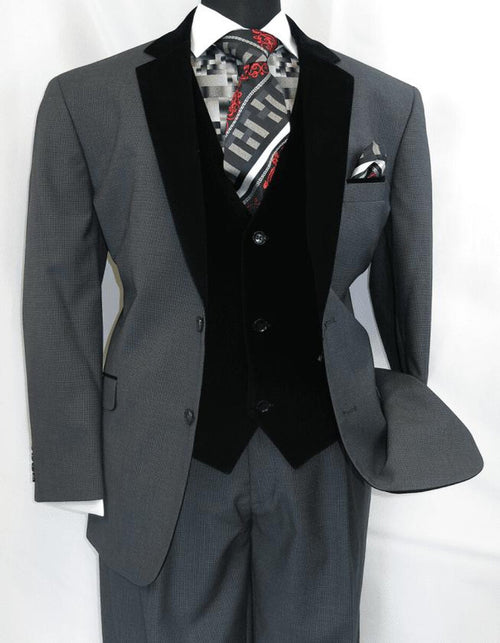 Men's Charcoal Gray 3-Piece Suit with Black Velvet Lapel – Formal Business and Wedding Attire - Gray Tuxedo