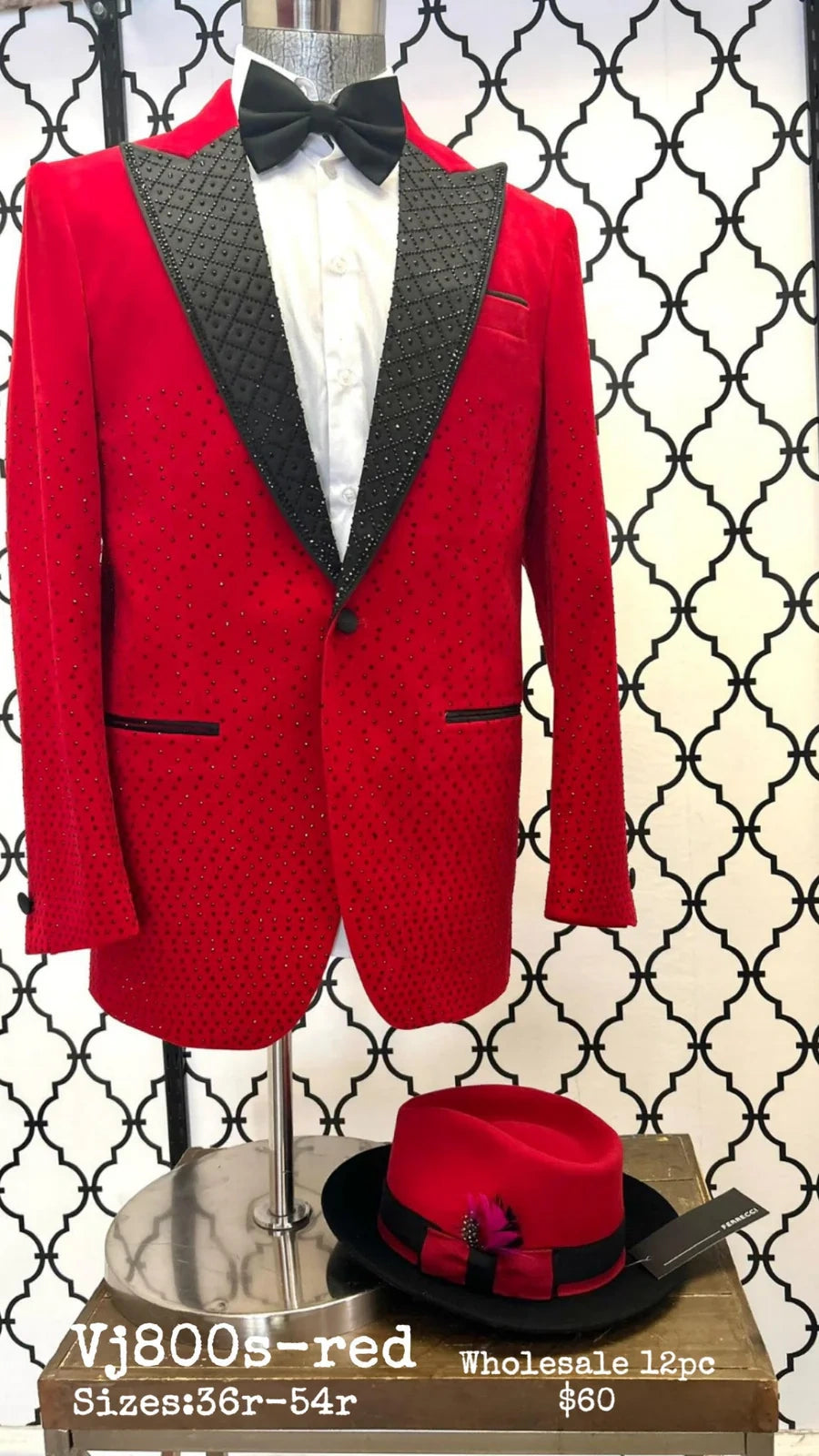 Men’s Red Velvet Fabric Rhinestone Blazer with Matching Red and Black Hat – Christmas New Year Holiday Party Jacket Set