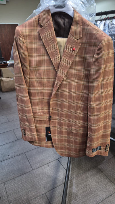 Vitali Men’s Rust Copper Brown Plaid Blazer with Tan Pants – Classic Windowpane, Business and Smart-Casual Birck color Suit