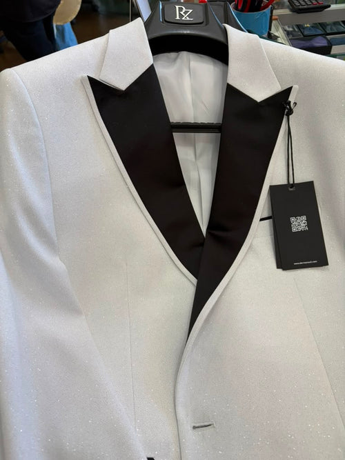 Men's White Sparkle Dinner Jacket β Black Satin Shawl Lapel Tuxedo Blazer Slim Fit Sequin Shiny Prom Jacket