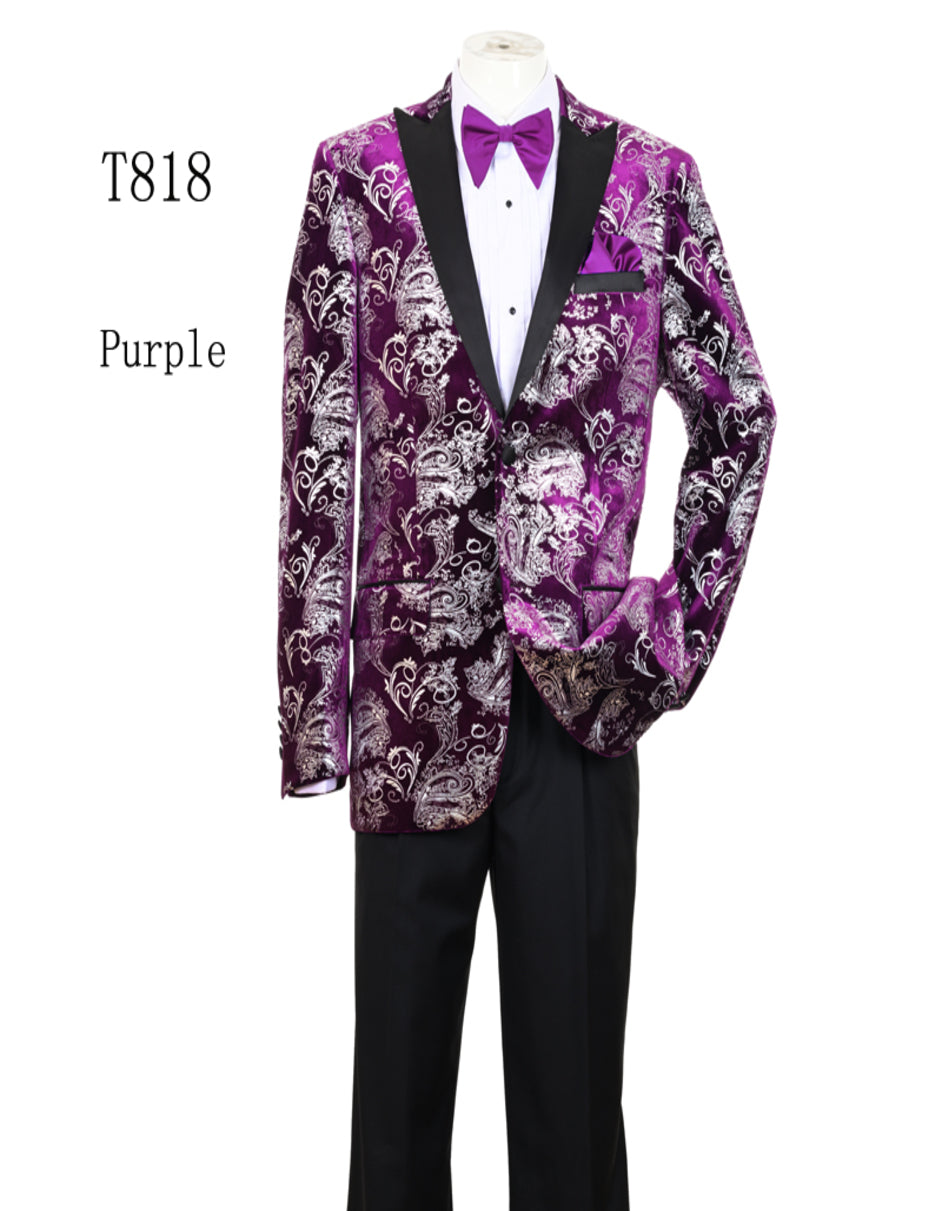 Product Title: Men's Pinkish ~ Purple Paisley Tuxedo Jacket with Black Satin Lapel – Formal Prom and Wedding Blazer in Meganta Color
