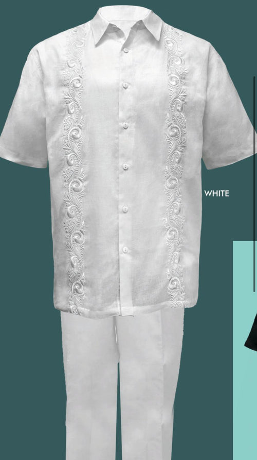 Men’s White Embroidered Guayabera Two-Piece Set – Short Sleeve Shirt and Pants