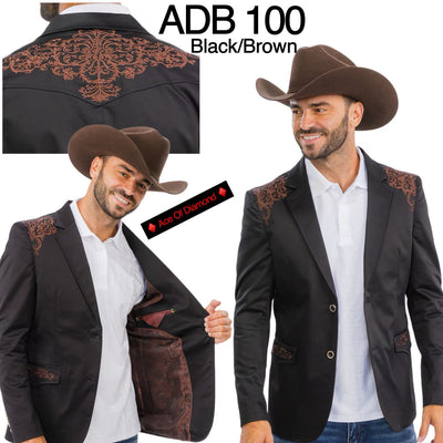 Menβs Black & Brown Western Blazer β Cowboy Sport Coat with Brown Embroidered Shoulder & Back Design