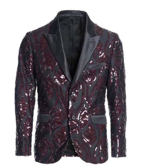Men’s Black and Burgundy Sequin Blazer – Black Sparkle Sequin Party Blazer with Burgundy Pattern for Prom, Wedding Slim Fitted
