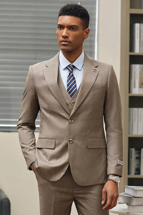 Men’s Taupe Olivish Tan 3-Piece Suit – Elegant Tan Wedding, Business & Formal Suit with Vest