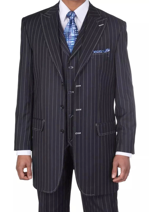 Men’s Three Button Suits - Navy Blue Pinstripe Three-Piece Suit – Classic Business and Formal Wear - Zoot Suit