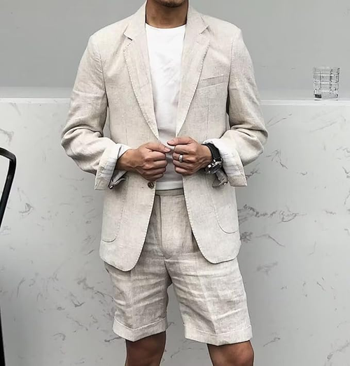 Menās Tan Linen Suit with Shorts, 2 Piece Summer Short Suit, Casual Beach Wedding Outfit